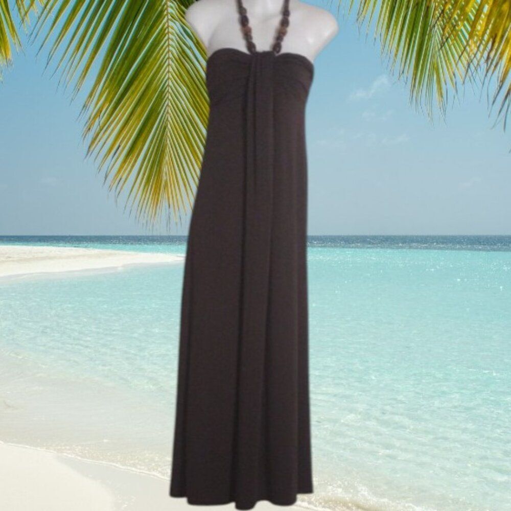 Gorgeous Chocolate Brown Beaded Necklace Maxi Dress Size Medium